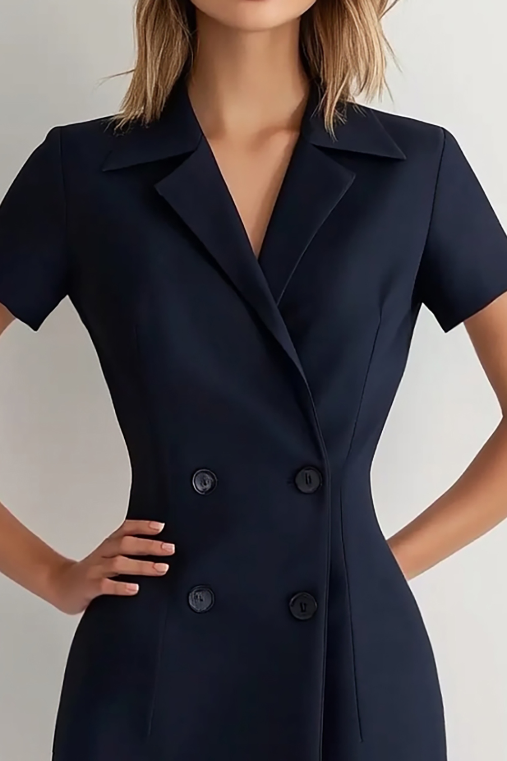 Navy Sheath Notched Lapel Short Sleeves Short Work Dress