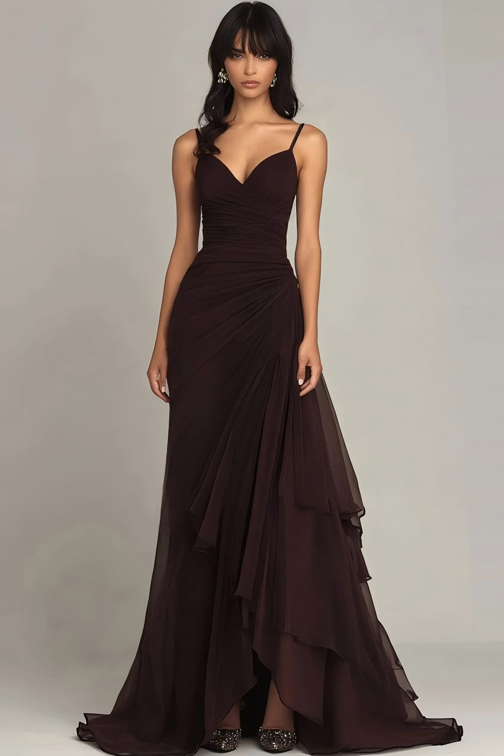 Chiffon Ruffled Dark Brown Spaghetti Straps Maxi Formal Dress