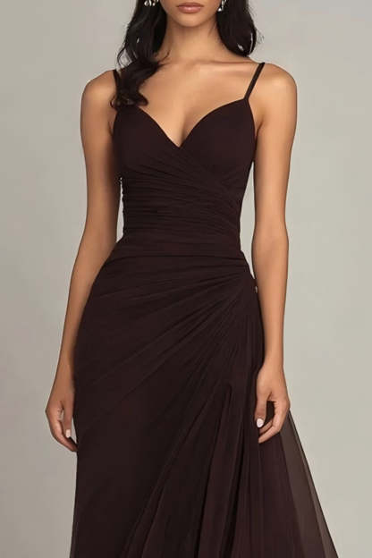 Chiffon Ruffled Dark Brown Spaghetti Straps Maxi Formal Dress