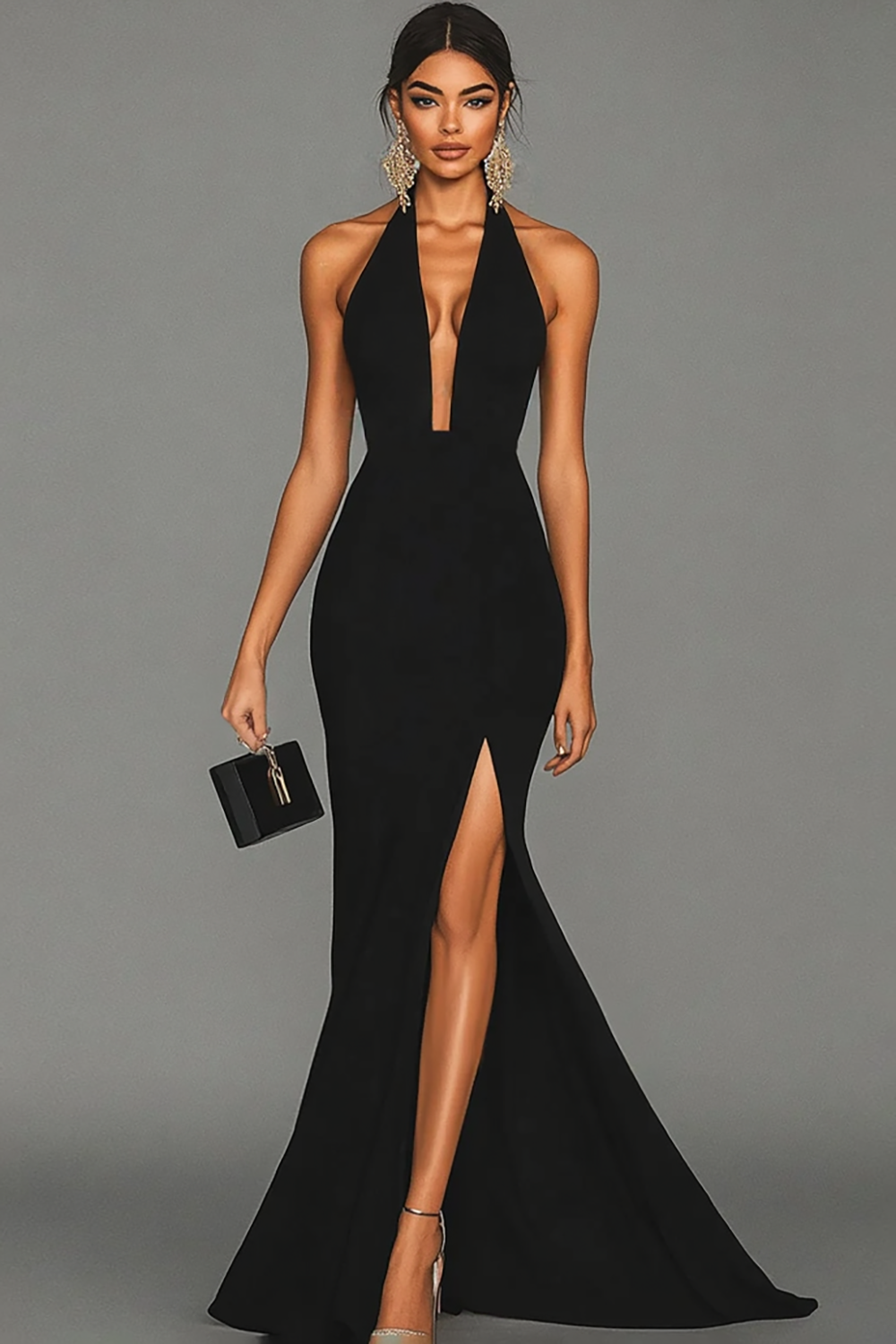 Elegant Black Mermaid Satin Halter Maxi Formal Dress with Slit