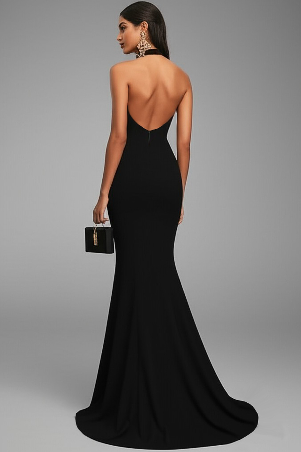 Elegant Black Mermaid Satin Halter Maxi Formal Dress with Slit