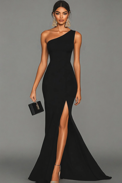 Black Mermaid One Shoulder Satin Maxi Formal Dress with Slit