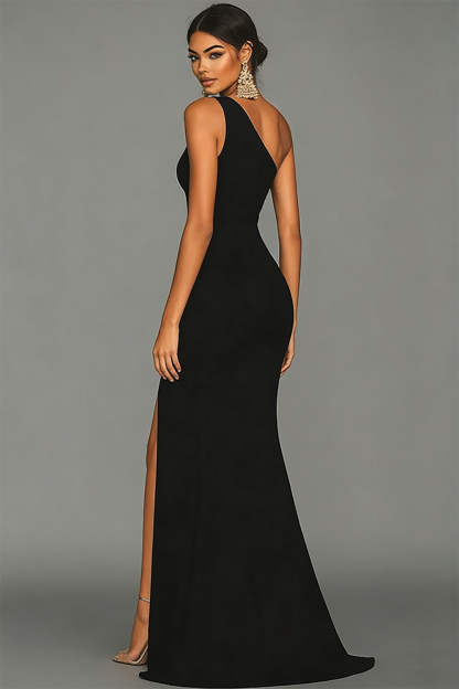 Black Mermaid One Shoulder Satin Maxi Formal Dress with Slit