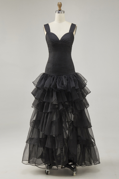 Black Spaghetti Straps Ruffled Long Formal Dress with Slit