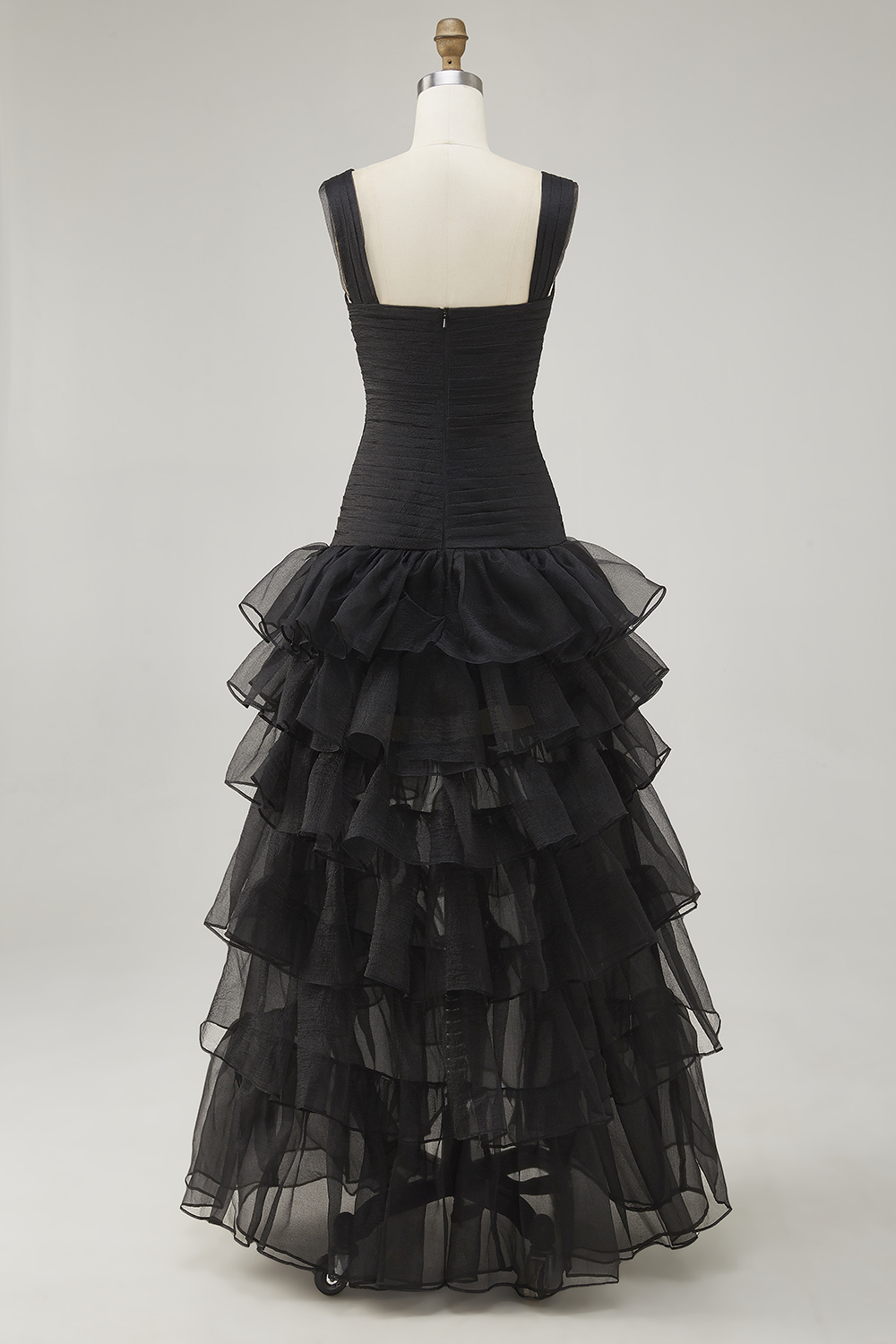 Black Spaghetti Straps Ruffled Long Formal Dress with Slit