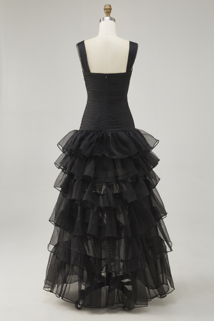 Black Spaghetti Straps Ruffled Long Formal Dress with Slit