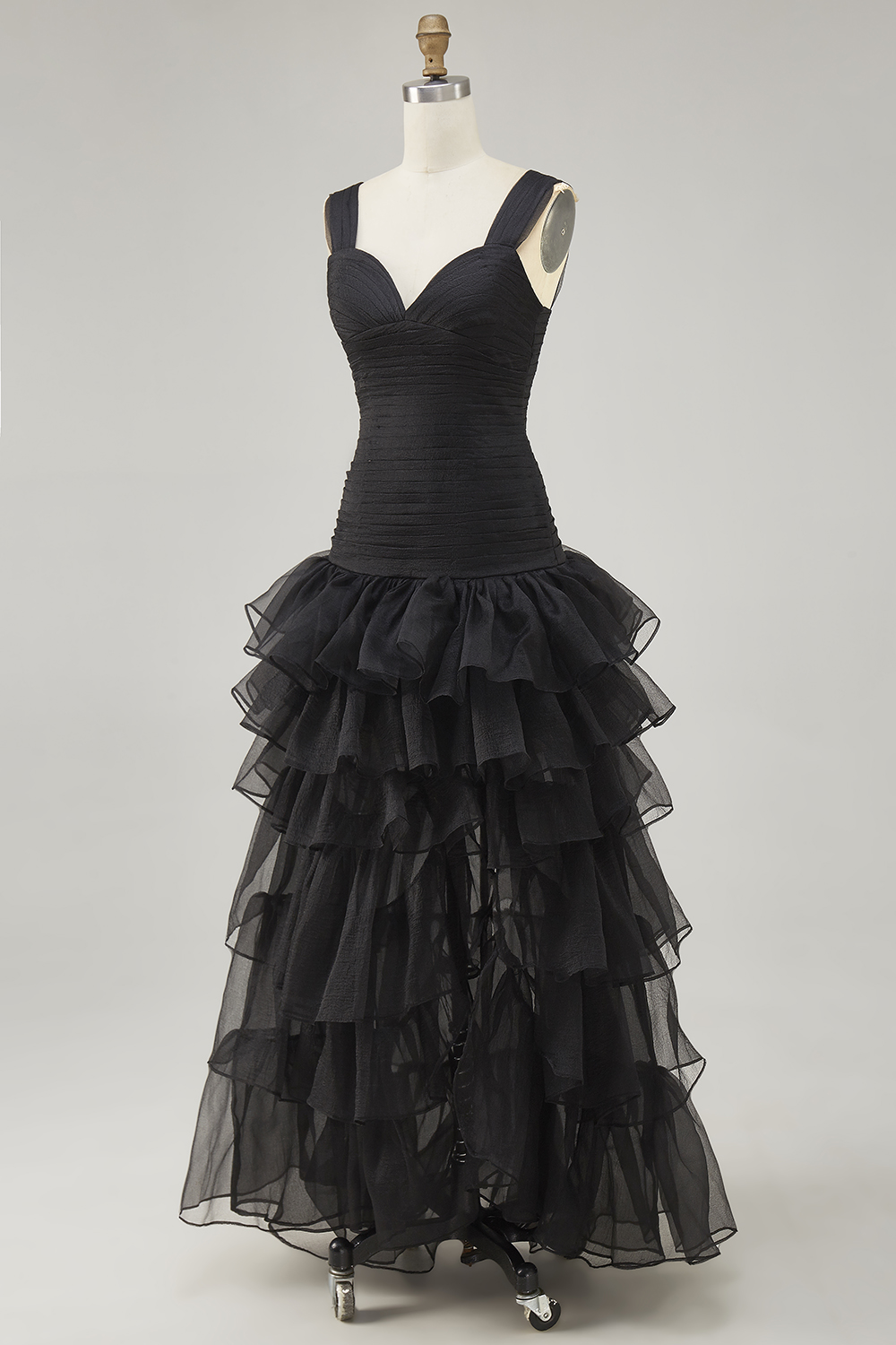 Black A Line Ruffled Long Tiered Formal Dress with Slit