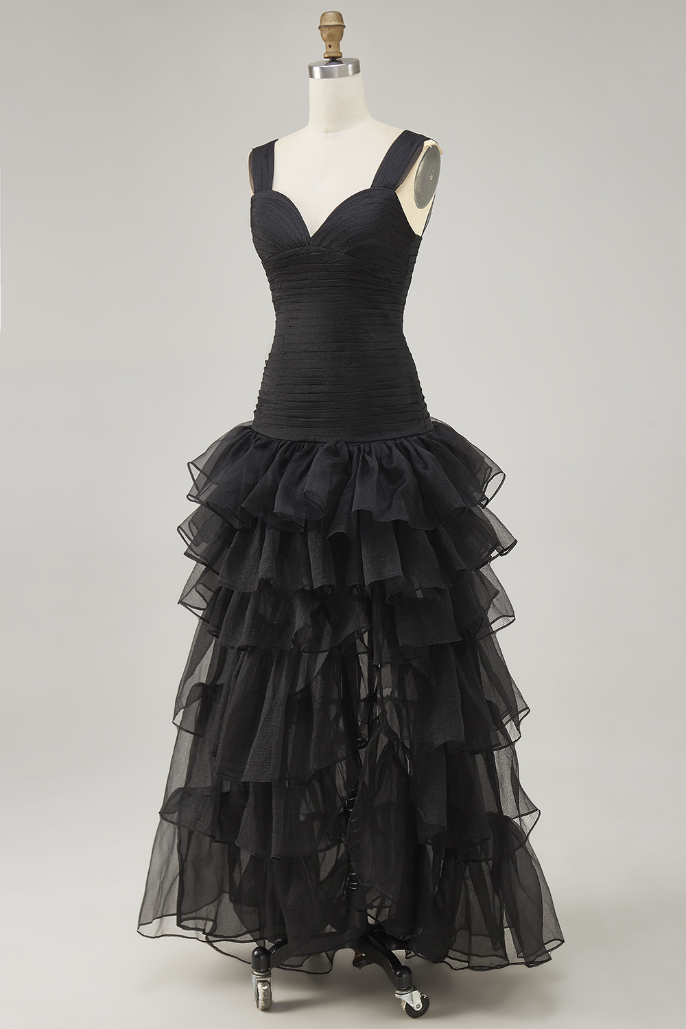 Black A Line Ruffled Long Tiered Formal Dress with Slit