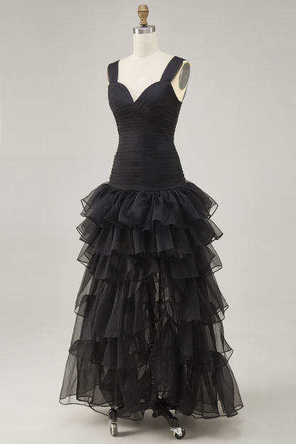 Black A Line Ruffled Long Tiered Formal Dress with Slit