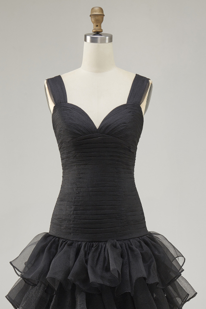 Black Spaghetti Straps Ruffled Long Formal Dress with Slit