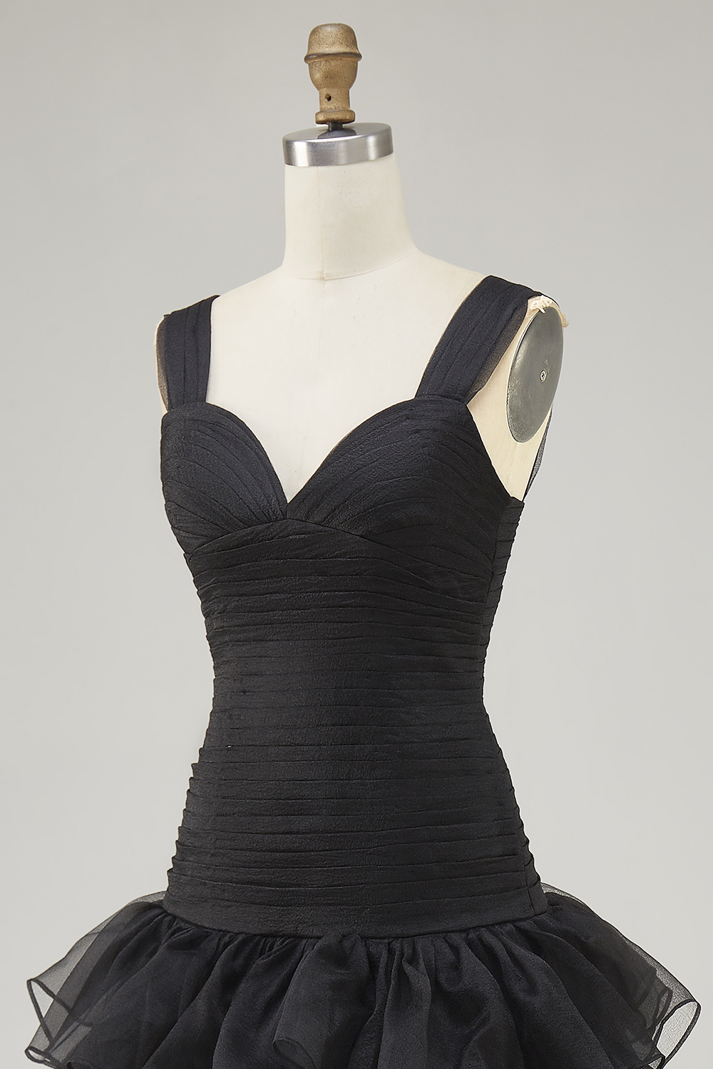 Black A Line Ruffled Long Tiered Formal Dress with Slit