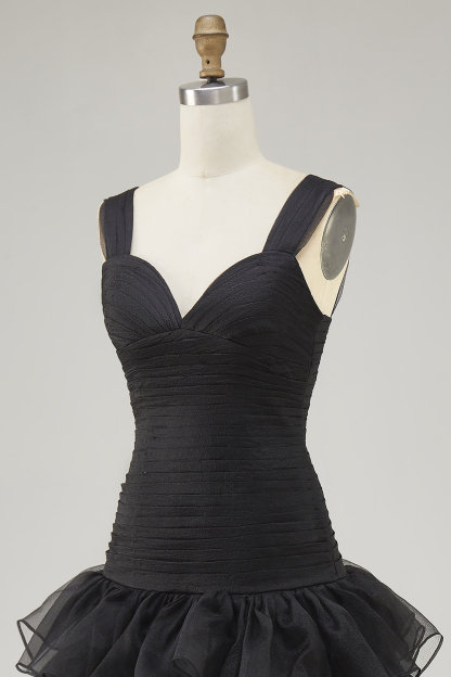 Black A Line Ruffled Long Tiered Formal Dress with Slit
