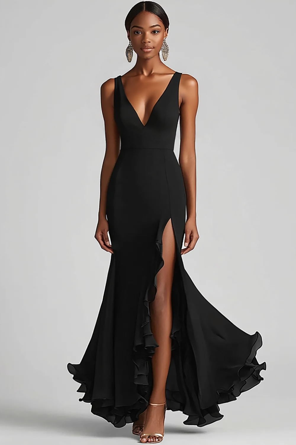 Black Chiffon Mermaid V Neck Maxi Formal Dress with Slit
