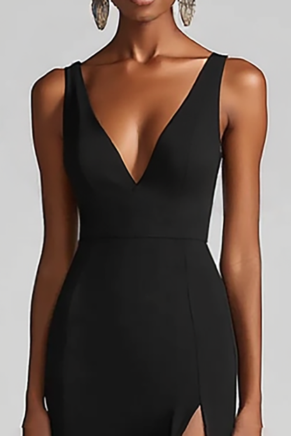 Black Chiffon Mermaid V Neck Maxi Formal Dress with Slit