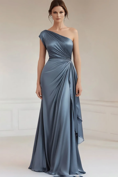 Leely Women Grey Blue Satin Sheath Long Formal Dress with Ruffles Ruched One Shoulder Evening Dress