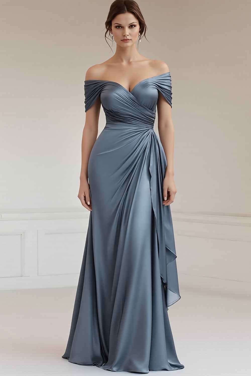 Maxi Grey Blue Off the Shoulder Sheath Ruched Satin Formal Dress