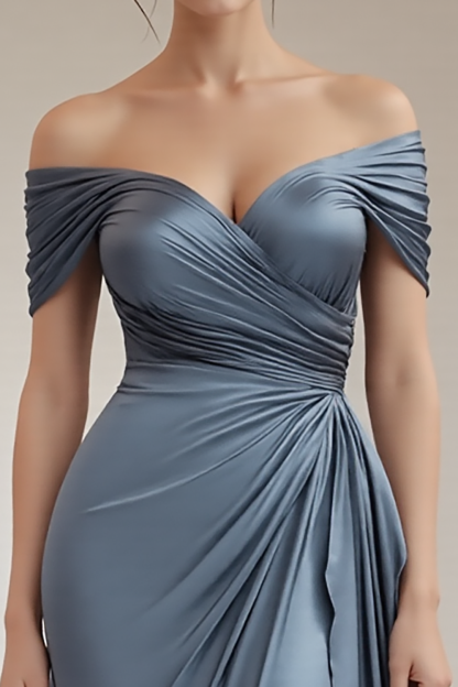Maxi Grey Blue Off the Shoulder Sheath Ruched Satin Formal Dress