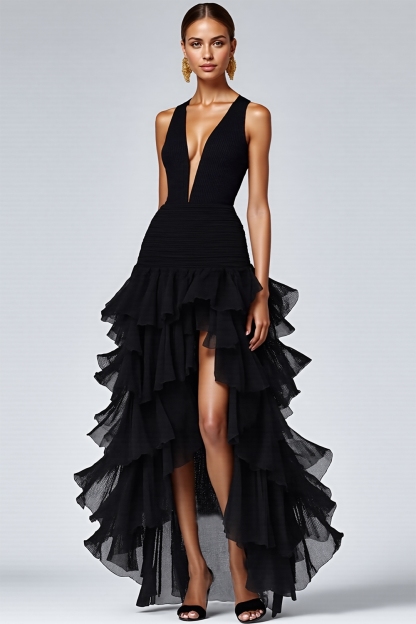 Black A Line Deep V-Neck Ruffled Long Formal Dress with Slit