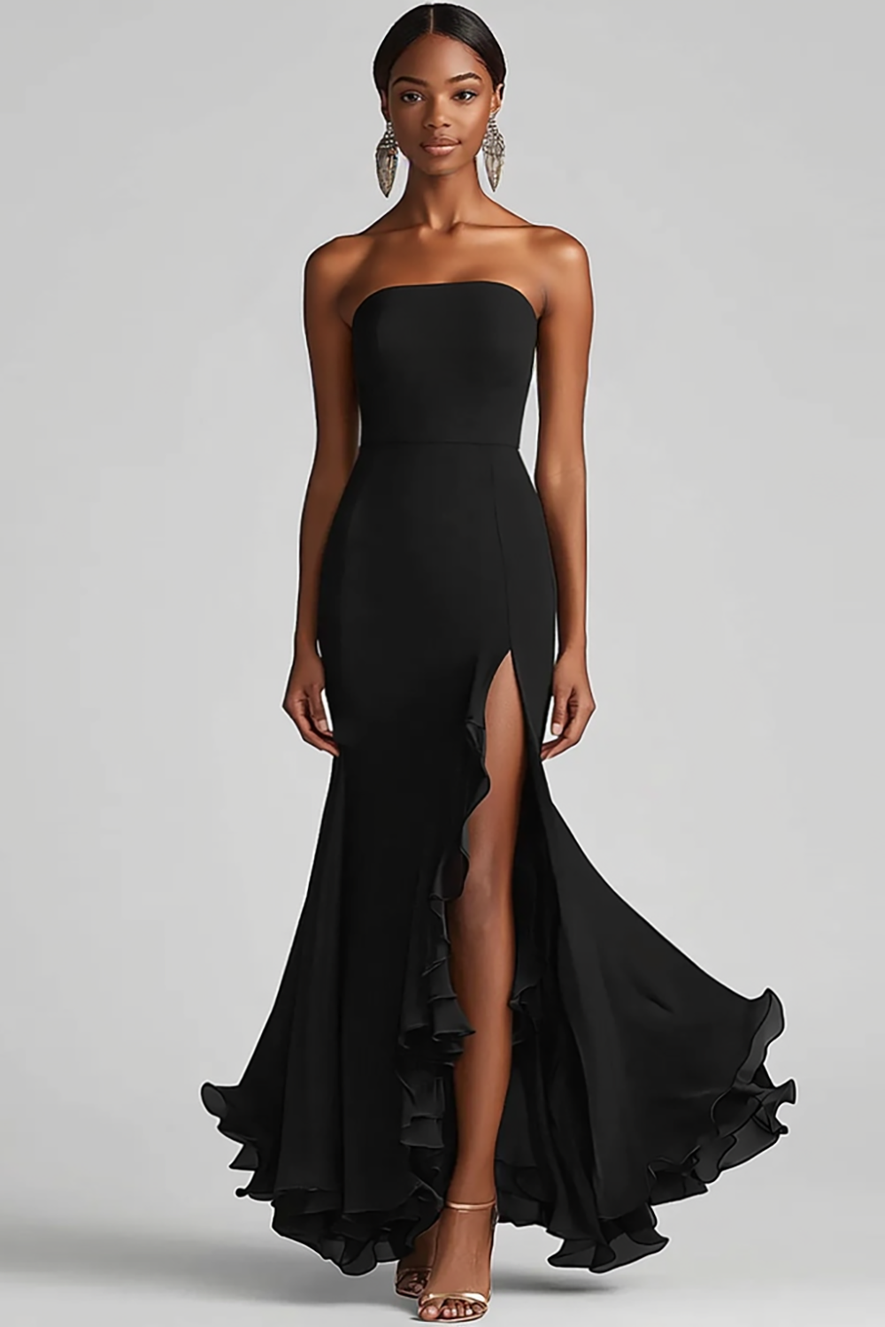 Strapless Sheath Chiffon Maxi Black Tie Dress with Slit