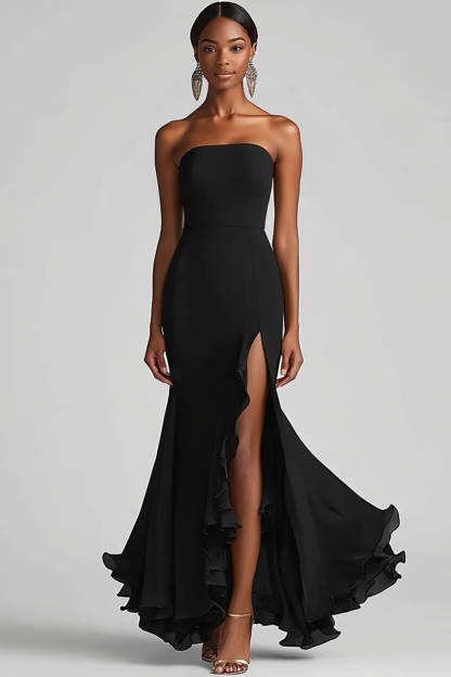 Strapless Sheath Chiffon Maxi Black Tie Dress with Slit
