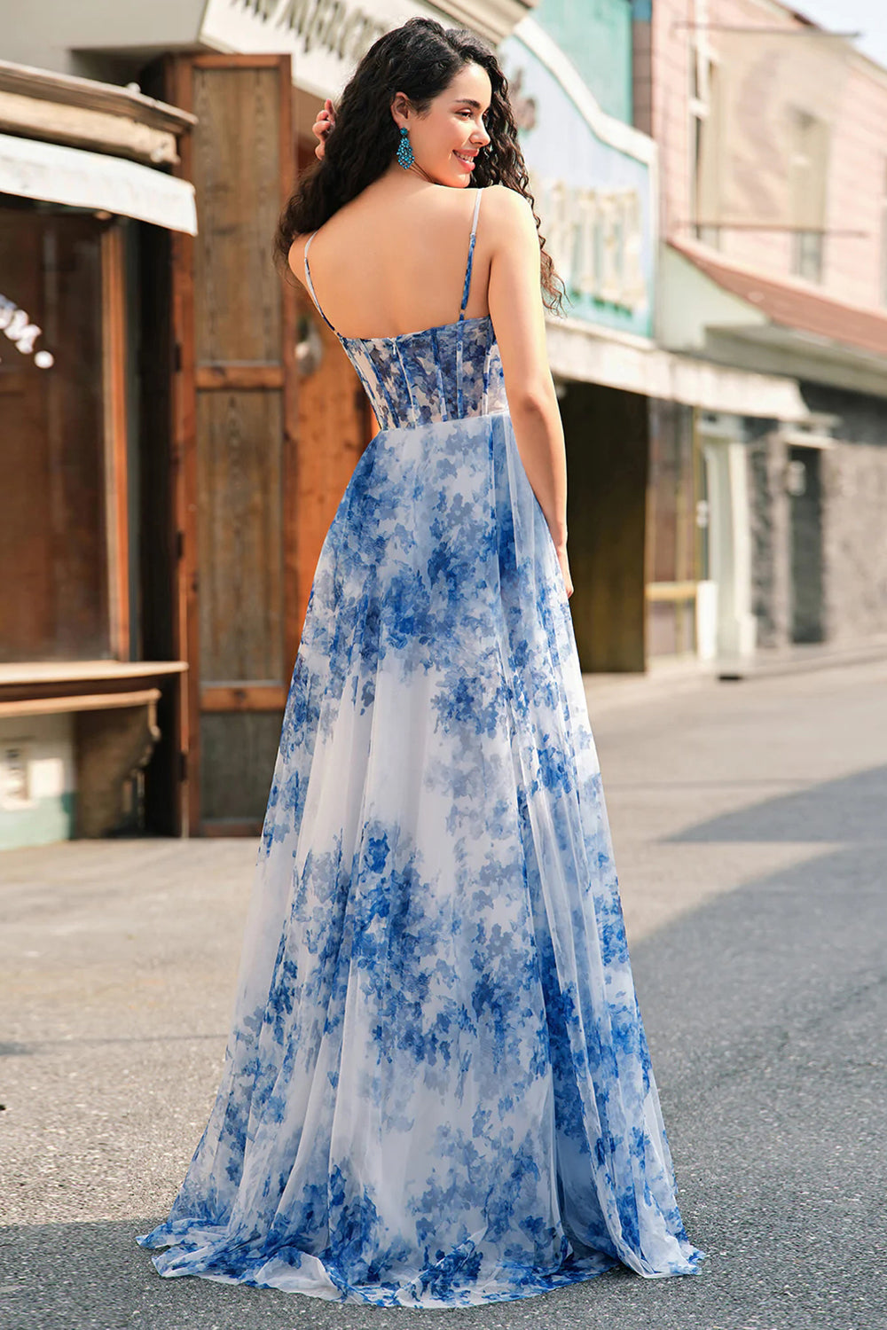 White Blue Flower Corset V-Neck A Line Floral Maxi Prom Dress with Slit