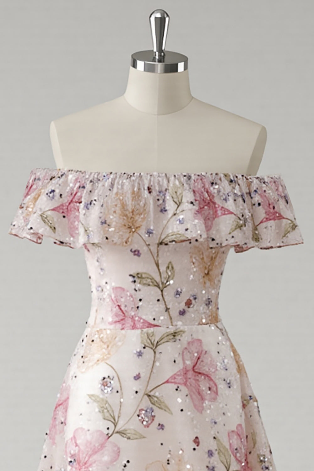 Sparkly Pink Off the Shoulder Floral A Line Long Prom Dress with Sequins