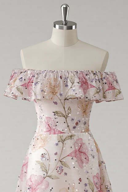 Sparkly Pink Off the Shoulder Floral A Line Long Prom Dress with Sequins