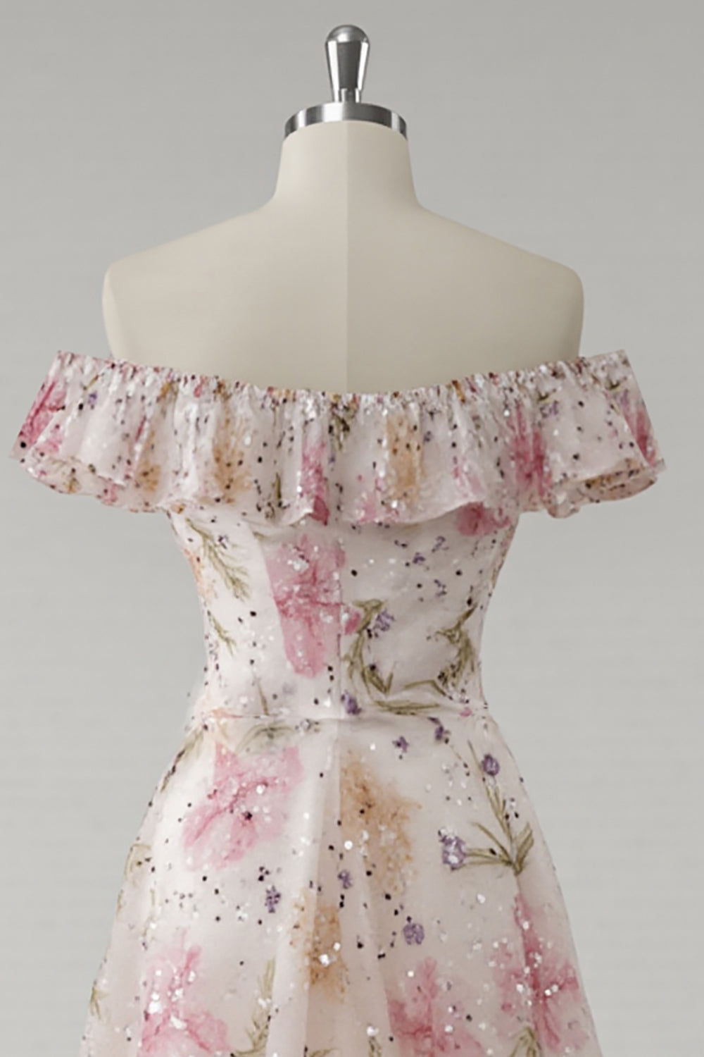 Sparkly Pink Off the Shoulder Floral A Line Long Prom Dress with Sequins