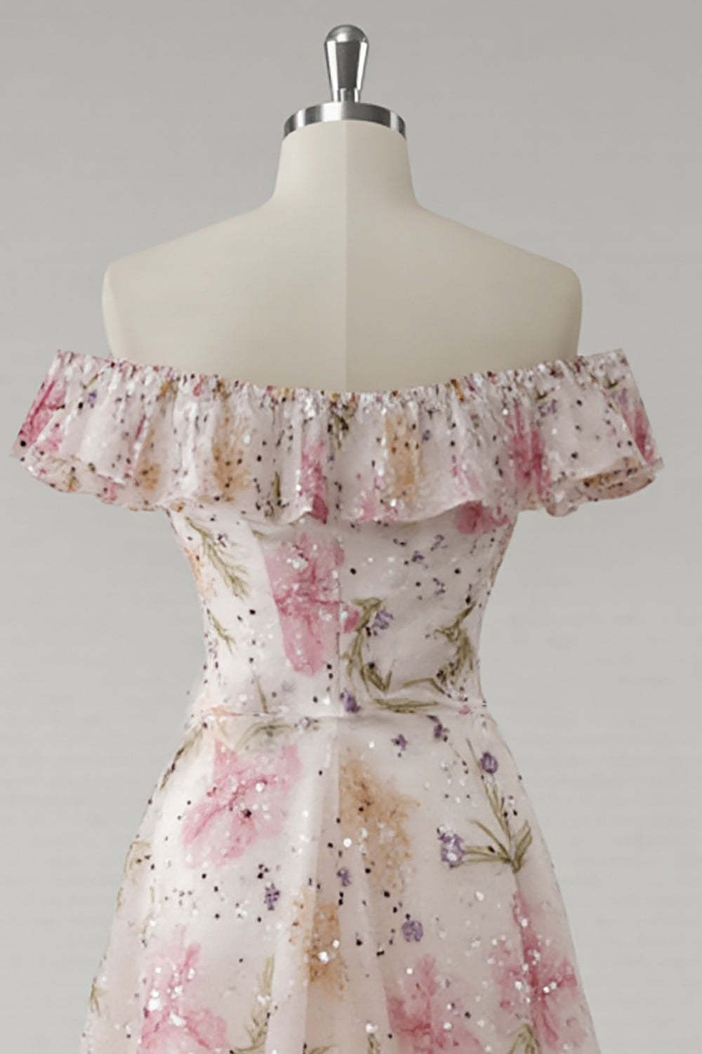 Sparkly Pink Off the Shoulder Floral A Line Long Prom Dress with Sequins