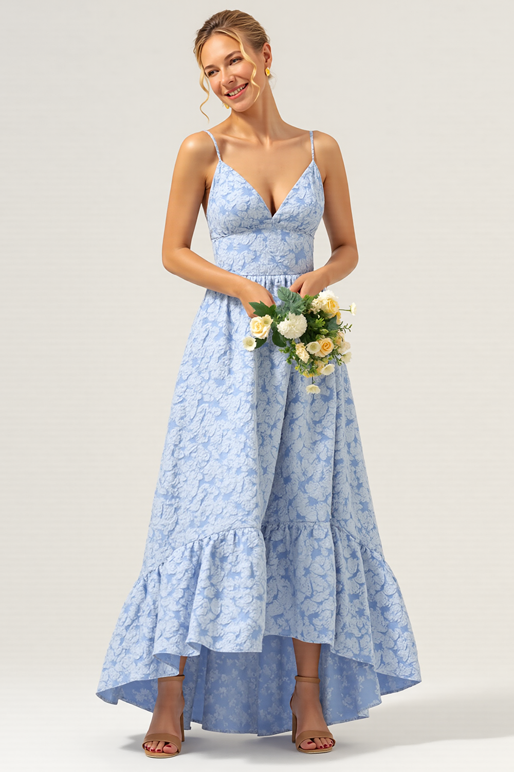Leely Women Blue A Line V-Neck High-Low Floral Bridesmaid Dress Spaghetti Straps Backless Long Wedding Guest Dress