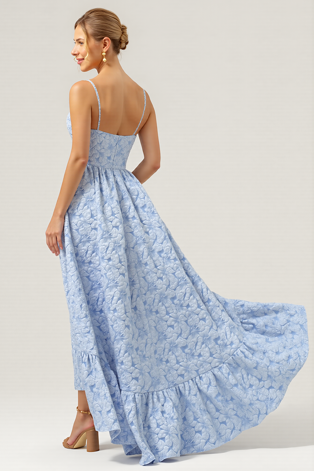 Blue A Line Spaghetti Straps High-Low Floral Bridesmaid Dress