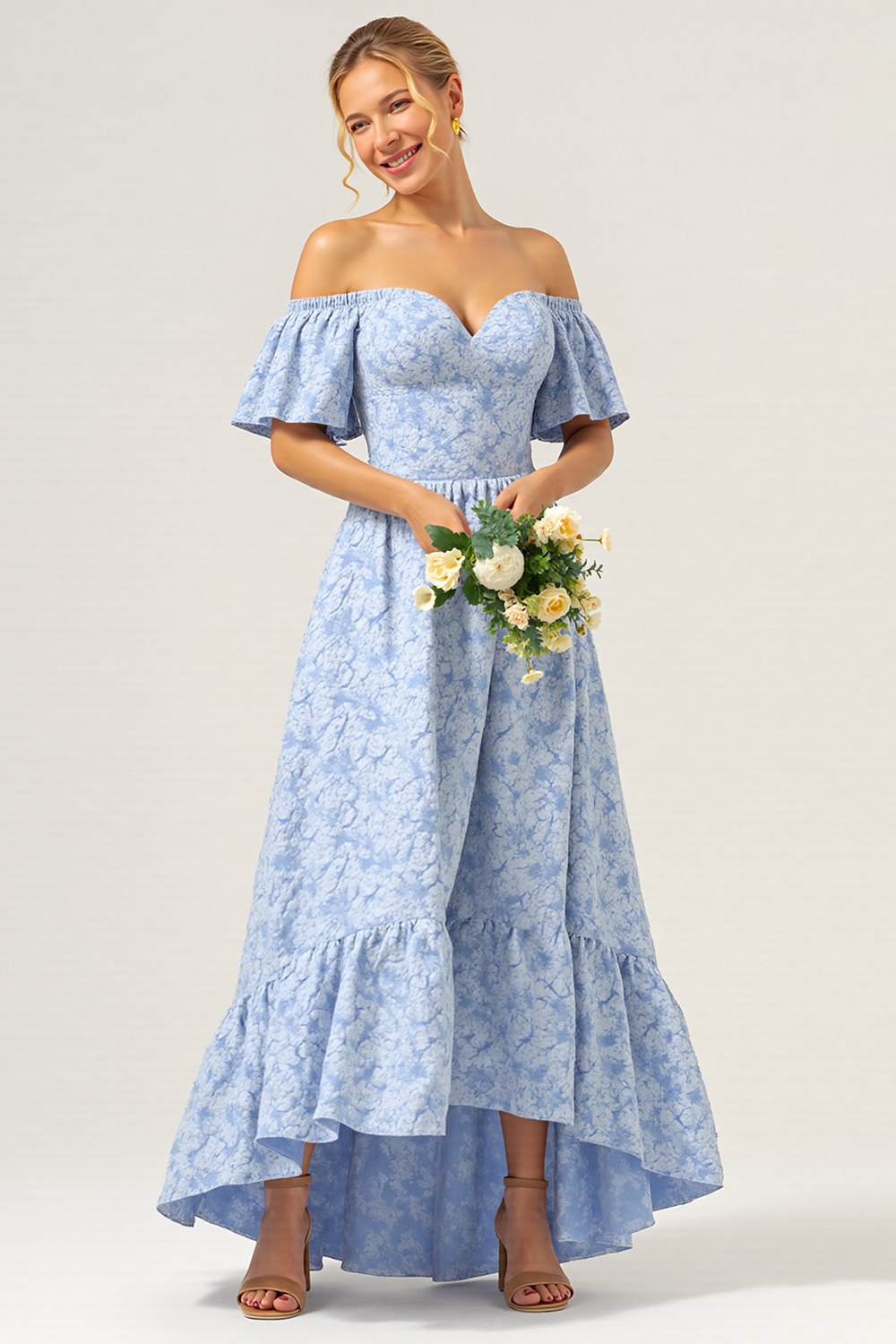 Leely Women Blue A Line Off the Shoulder Maxi Floral Bridesmaid Dress Short Sleeves Ruffled High-Low Jacquard Wedding Guest Dress