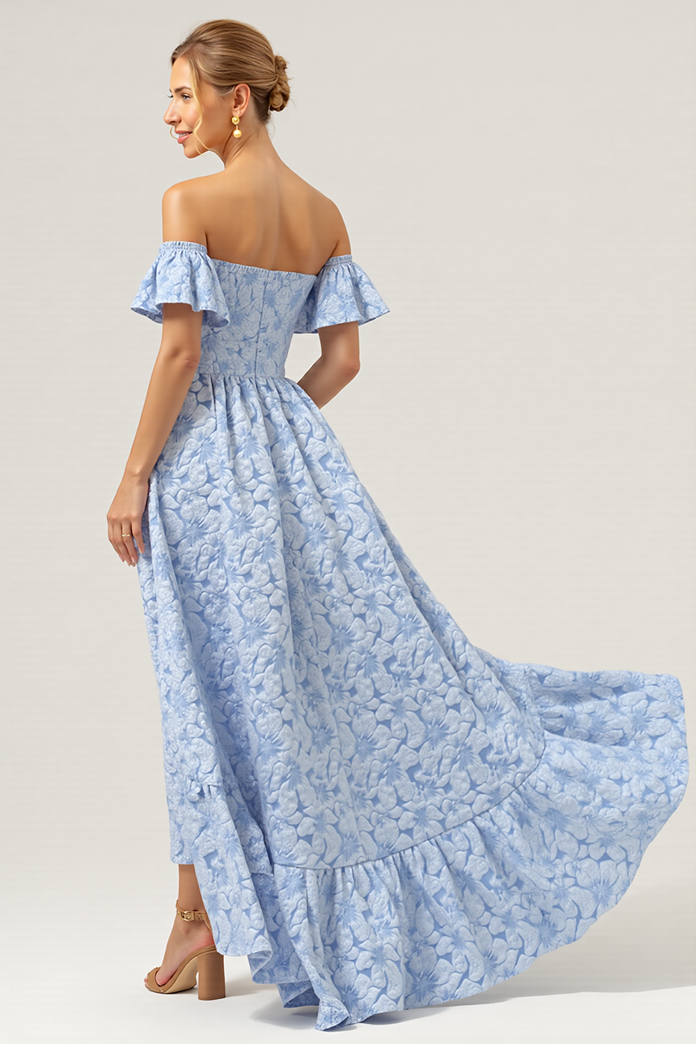 Blue A Line Off the Shoulder Maxi Floral Bridesmaid Dress with Flutter Sleeves