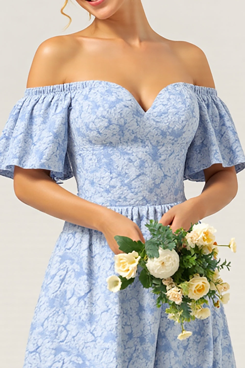 Blue A Line Off the Shoulder Maxi Floral Bridesmaid Dress with Flutter Sleeves