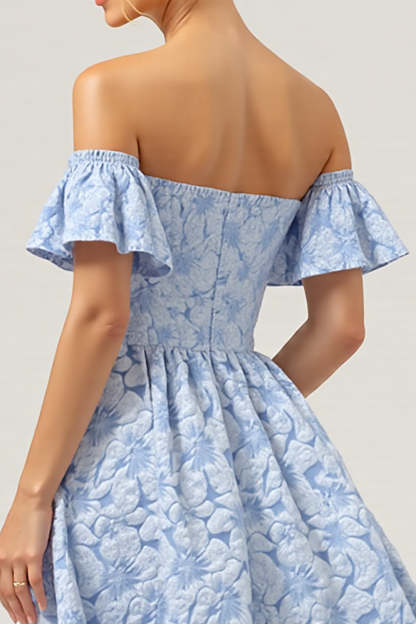Blue A Line Off the Shoulder Maxi Floral Bridesmaid Dress with Flutter Sleeves