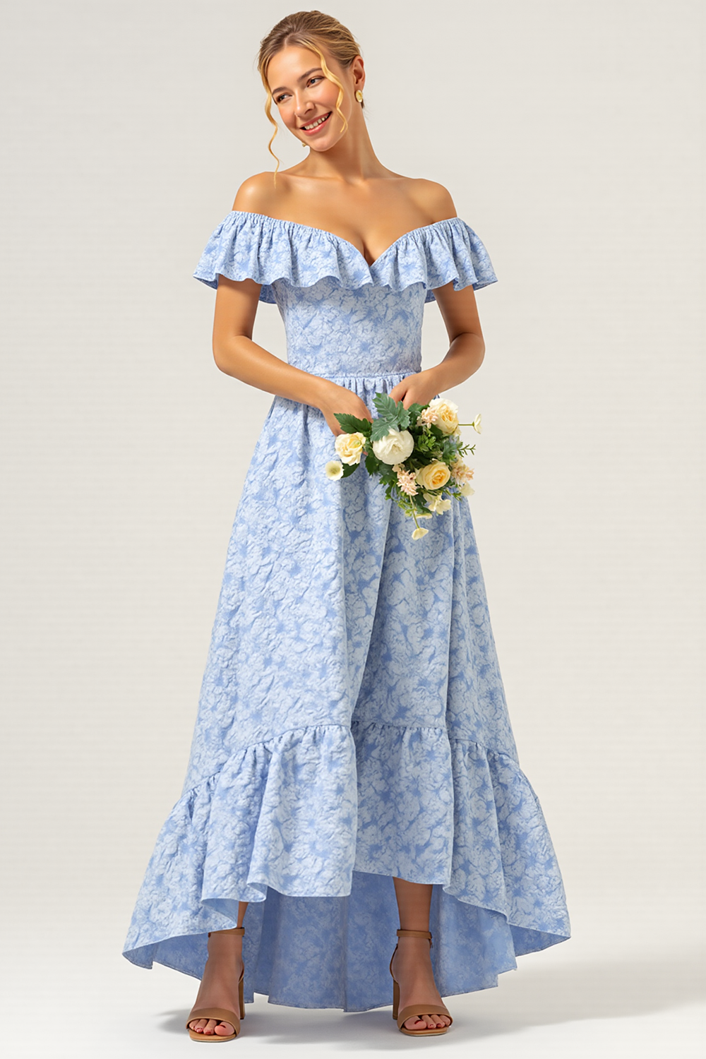 Leely Women Blue Off the Shoulder Floral Maxi A Line Bridesmaid Dress Ruffles Backless High-Low Wedding Guest Dress