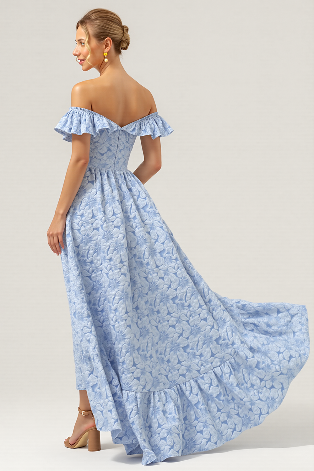 Blue Off the Shoulder Floral High Low A Line Bridesmaid Dress with Ruffles