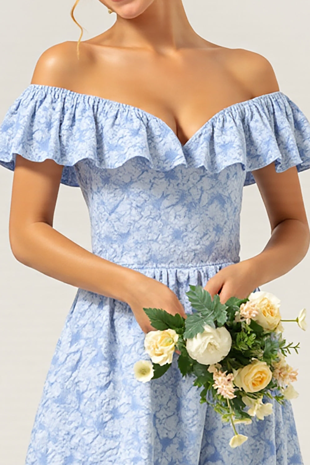 Blue Off the Shoulder Floral High Low A Line Bridesmaid Dress with Ruffles