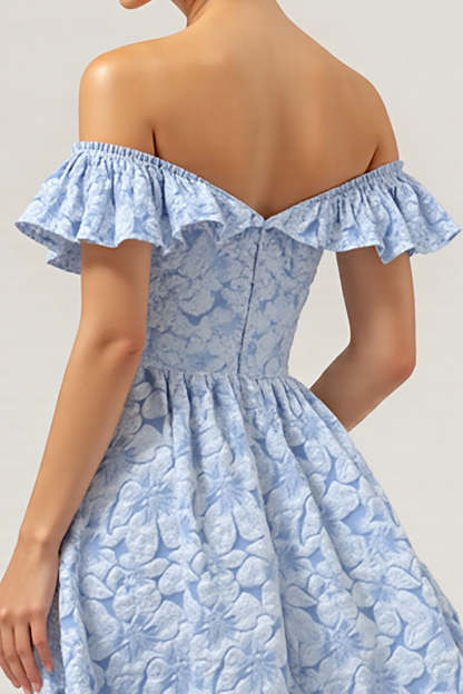 Blue Off the Shoulder Floral High Low A Line Bridesmaid Dress with Ruffles