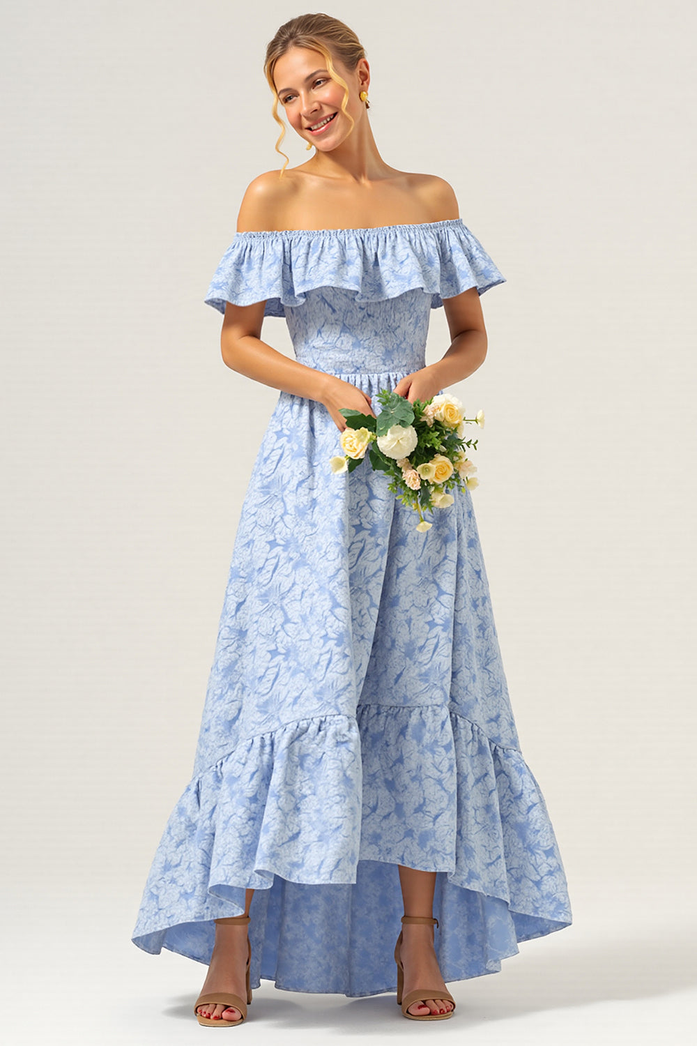 A Line Floral Blue High-Low Jacquard Bridesmaid Dress with Ruffles