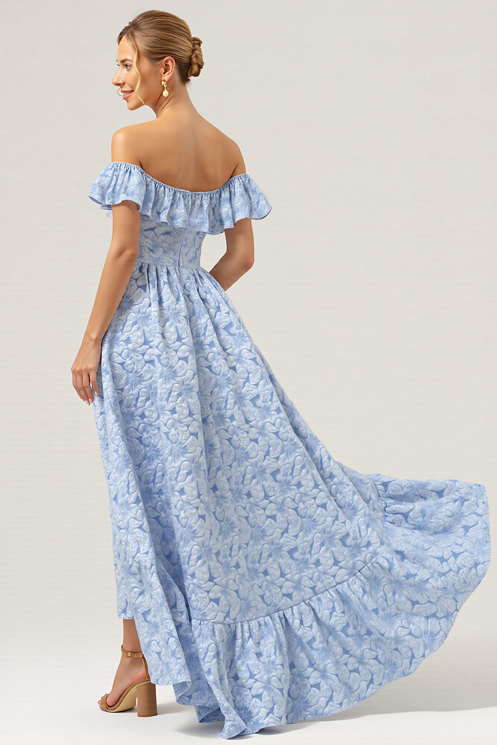 A Line Floral Blue High-Low Jacquard Bridesmaid Dress with Ruffles
