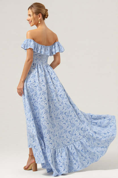 A Line Floral Blue High-Low Jacquard Bridesmaid Dress with Ruffles
