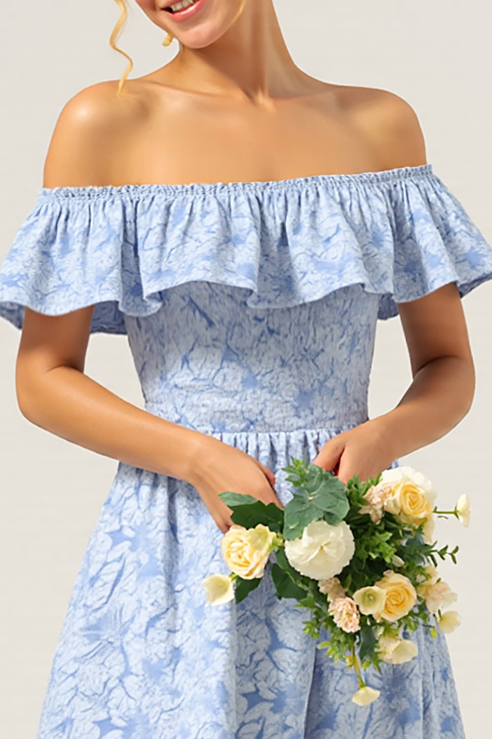 A Line Floral Blue High-Low Jacquard Bridesmaid Dress with Ruffles