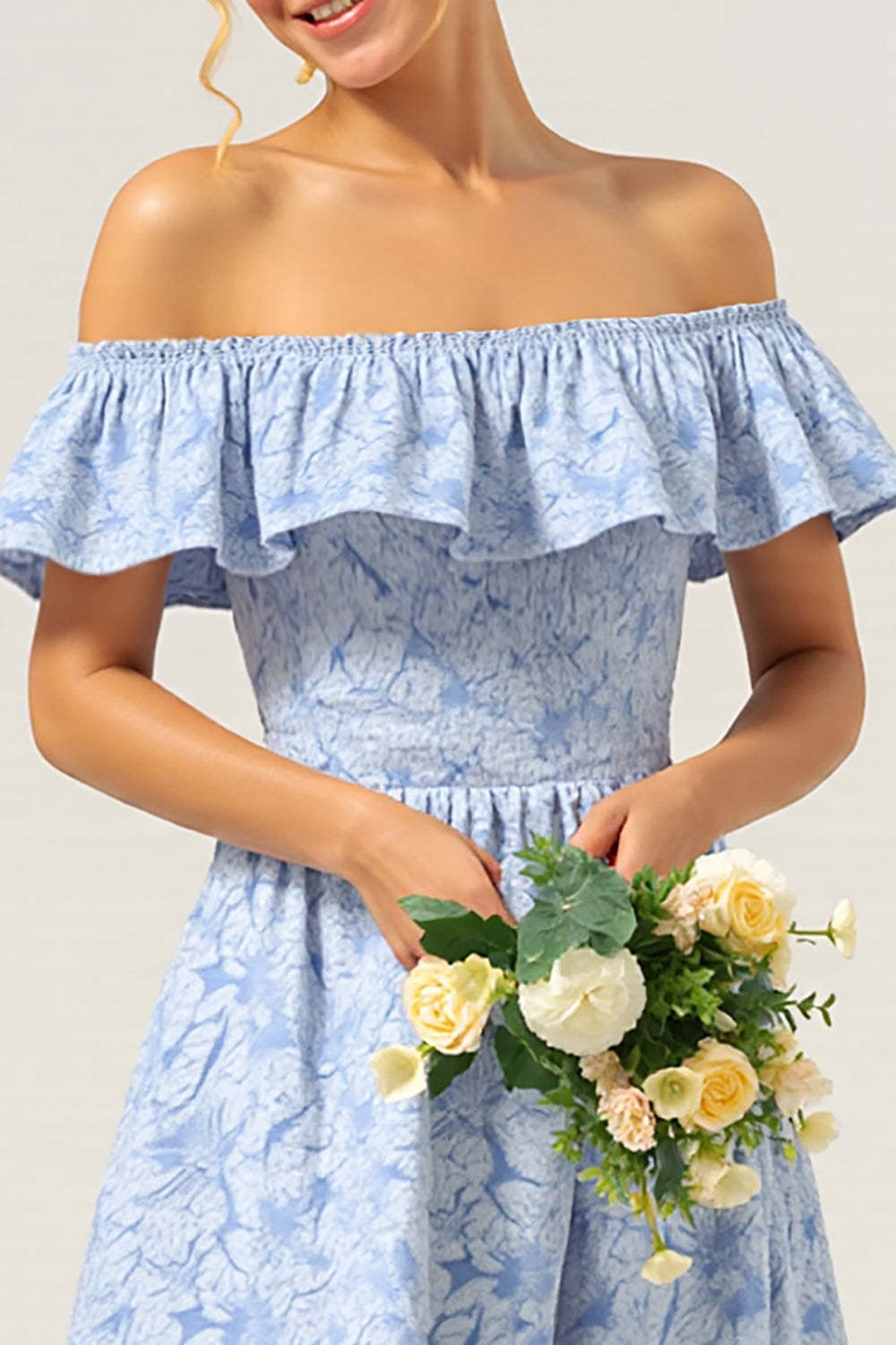 A Line Floral Blue High-Low Jacquard Bridesmaid Dress with Ruffles