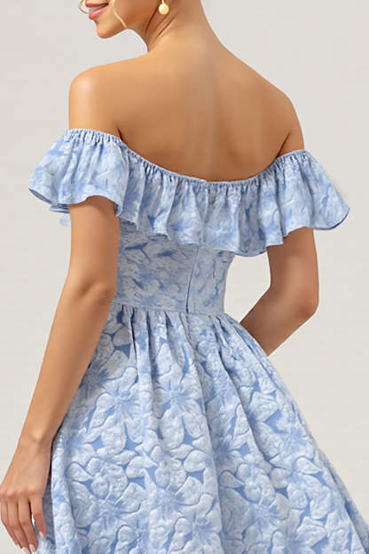 A Line Floral Blue High-Low Jacquard Bridesmaid Dress with Ruffles