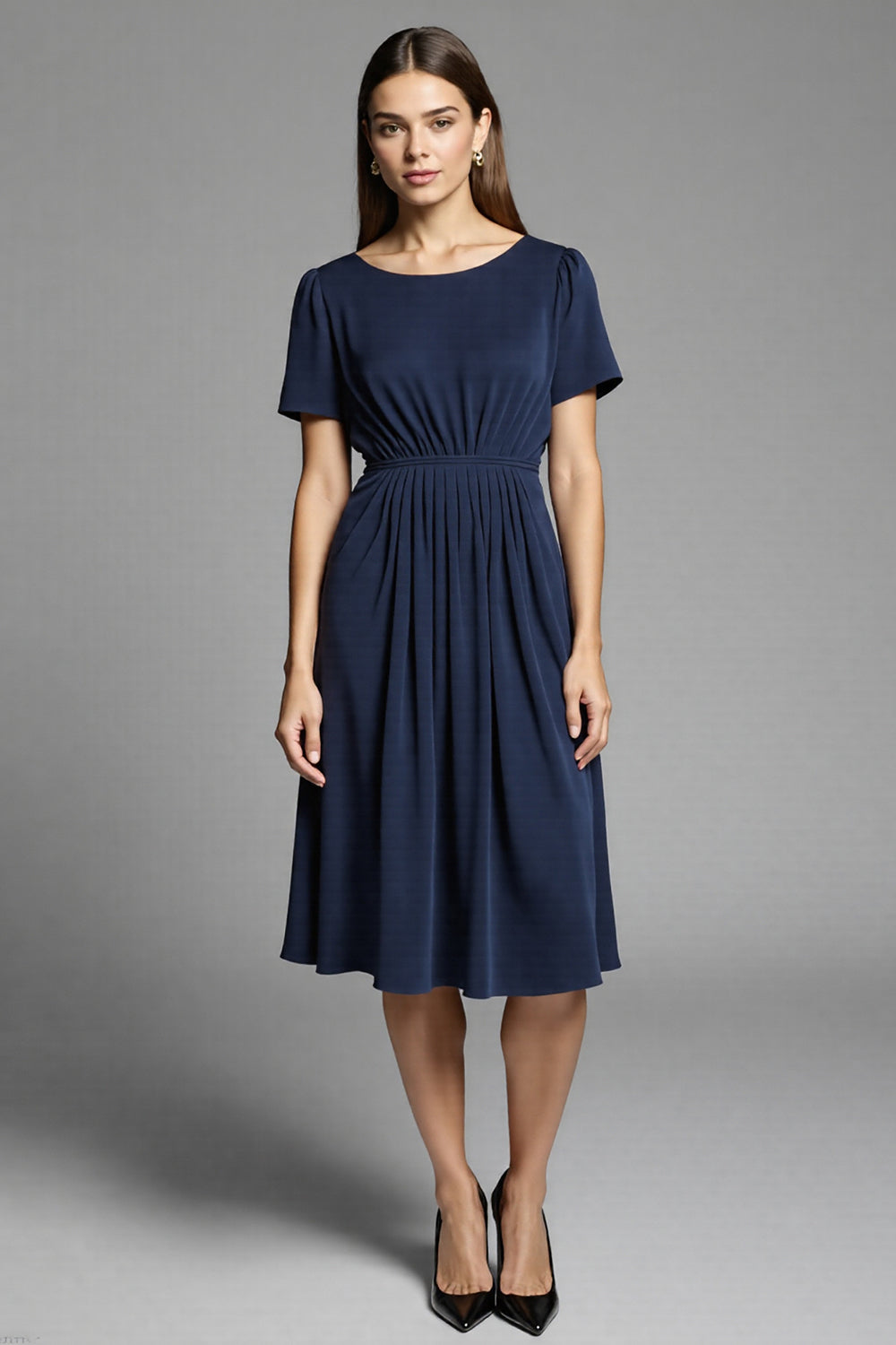 Leely Women Navy Satin Midi Work Dress with Short Sleeves A Line Ruched Semi Formal Dress
