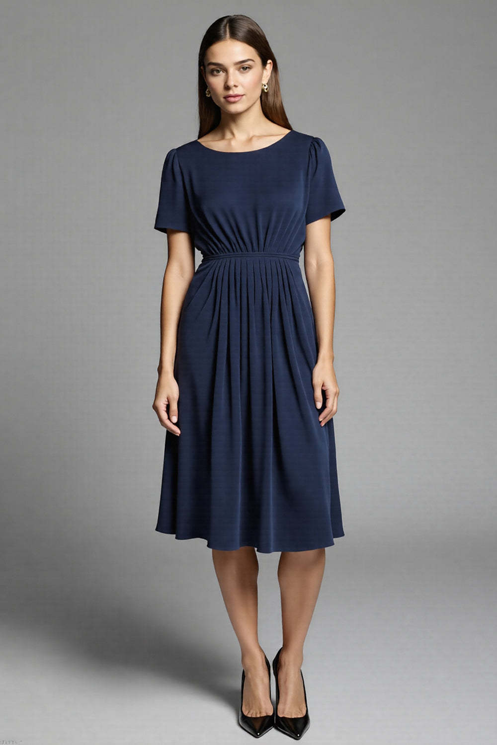 Leely Women Navy Satin Midi Work Dress with Short Sleeves A Line Ruched Semi Formal Dress