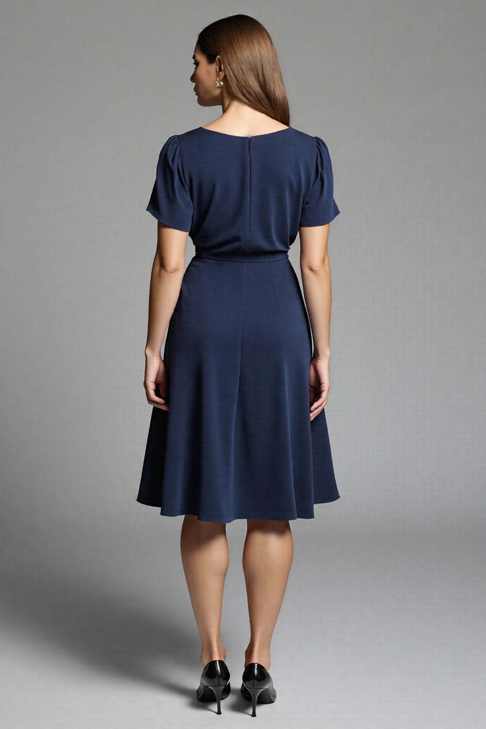 Navy Scoop Neck Satin A Line Midi Work Dress with Short Sleeves
