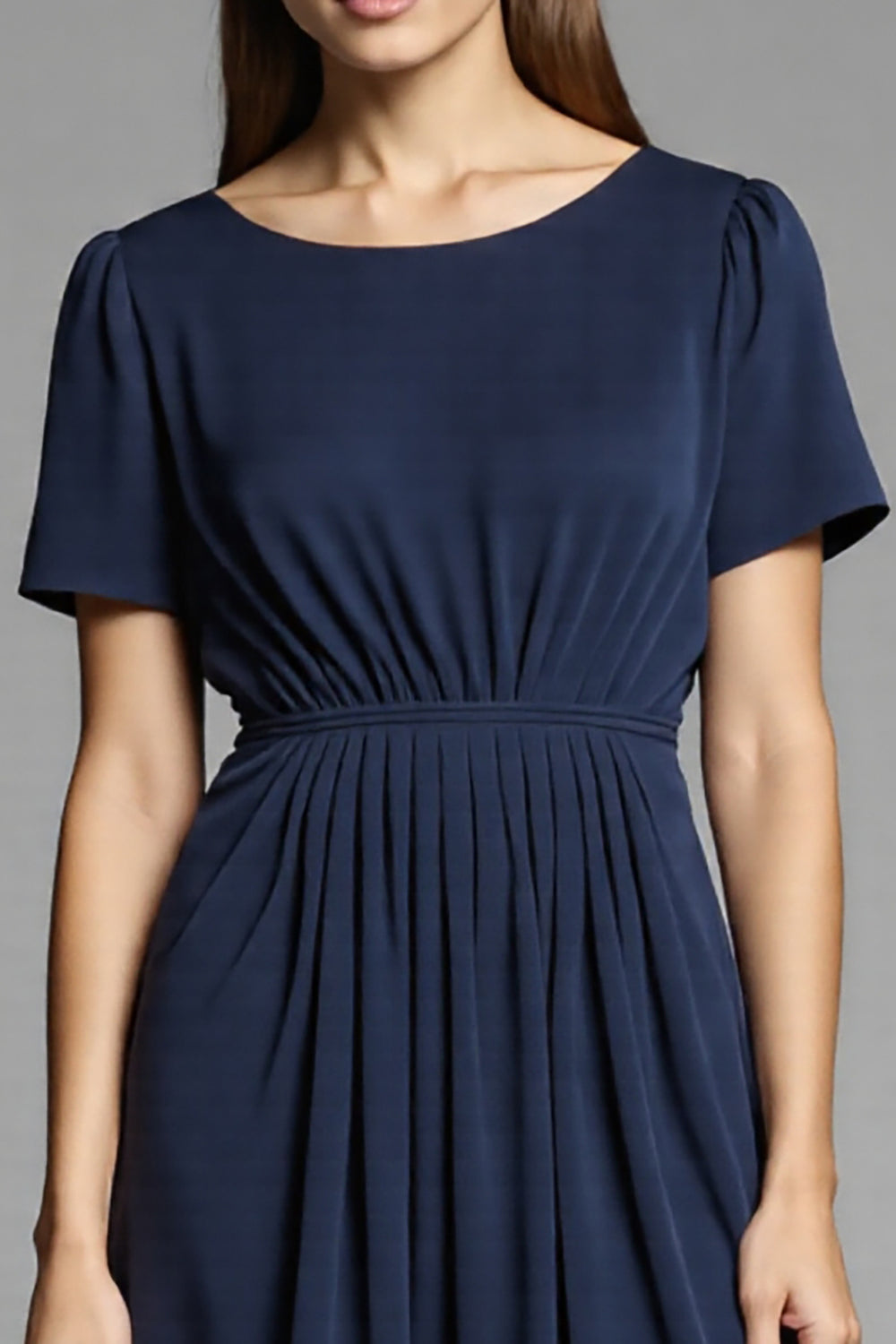 Navy Scoop Neck Satin A Line Midi Work Dress with Short Sleeves
