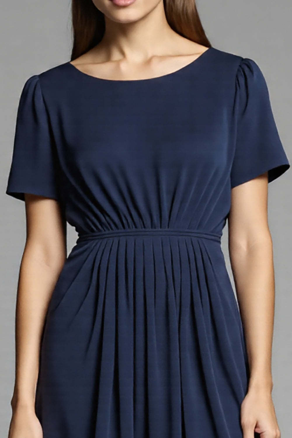 Navy Scoop Neck Satin A Line Midi Work Dress with Short Sleeves